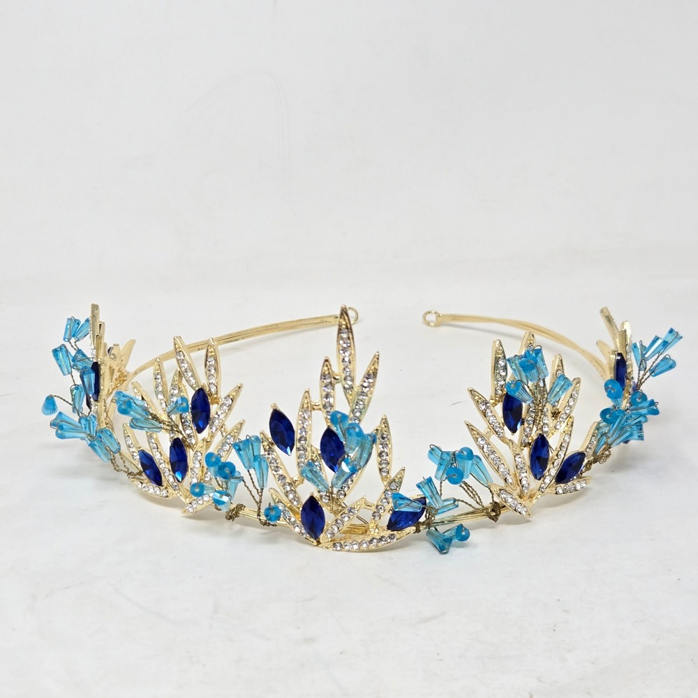 Gold Blue Crystal Tiara Crown Rhinestone Bridal Prom Headpiece Wedding Accessory